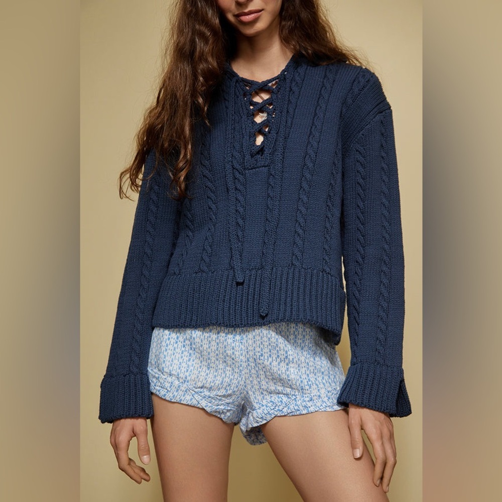 Ciao Lucia Karolin Cotton Collar Cable Knit Pullover Sweater Boat Navy Blue